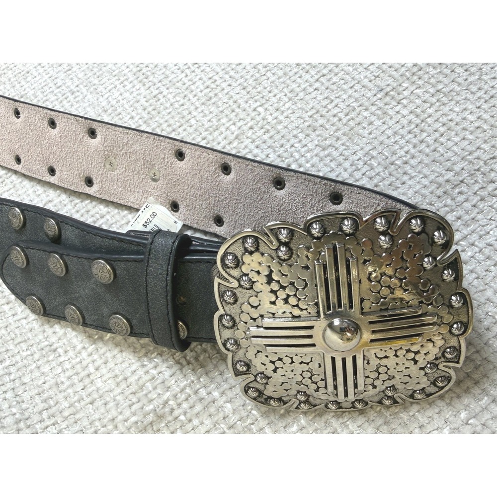 Angel Ranch Dark Grey Leather Western Concho Belt Studs Big Buckle Womens M NWT